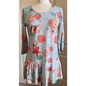 Cal Style Womens Beach Seashell Print Top 3/4 Sleeve Coastal Grandma S/M New